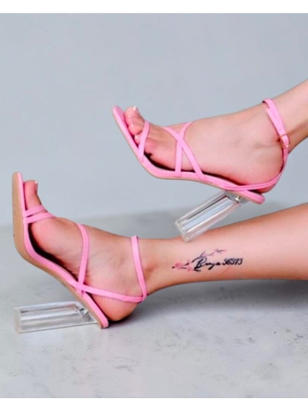 Pink Strappy Heels With Clear Block Heel Design – Womens Stylish Open-Toe Sandal
